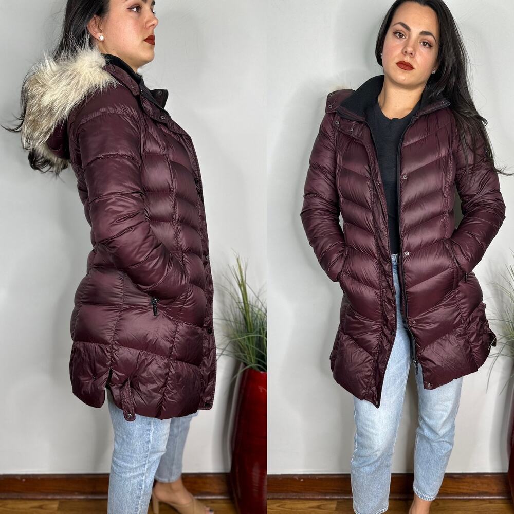 Bernardo Faux Fur Hooded Purple Mid Length Puffer Coat